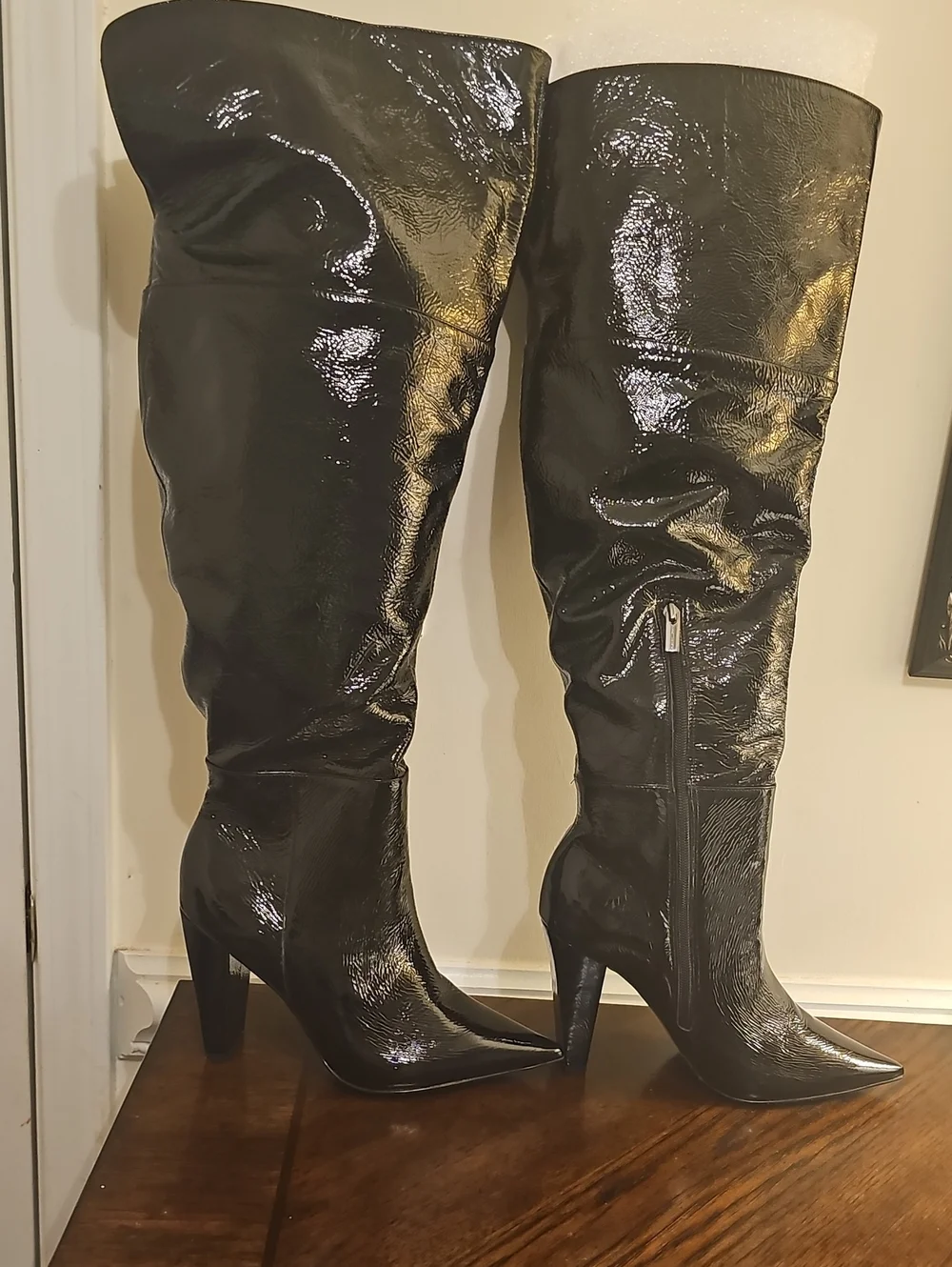 Vince Camuto Black Patent Over-the-Knee Pointed Toe Heeled Boots with Side Zip